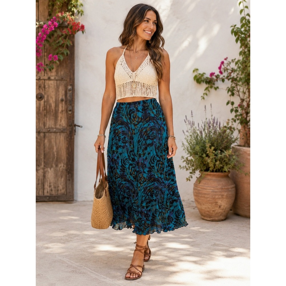 Whimsigoth Boho Dark Fairy Teal Blue Black Floral Pleats Chiffon 12P Midi Skirt